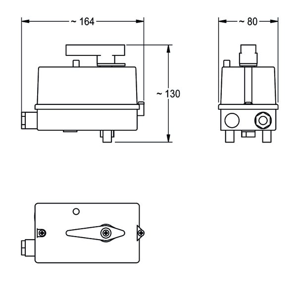 Maßzeichnung eines Produkts mit Abmessungen von circa 164 mal 130 mal 80.