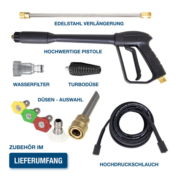 Hochdruckreiniger Zubehör inklusive Edelstahlverlängerung, Pistole, Wasserfilter, Turbodüse, Düsen und Hochdruckschlauch