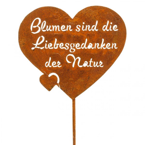 Gartenstecker in Herzform mit dem Schriftzug Blumen sind die Liebesgedanken der Natur