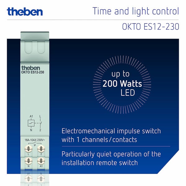 Theben 3120130 OKTO ES12-230 Stromstoßschalter I Stromstoßrelais I 230V I Elektronisch I DIN-Schiene I Hutschiene I 1 Schließer I LED BIS 600W I Lichtsteuerung