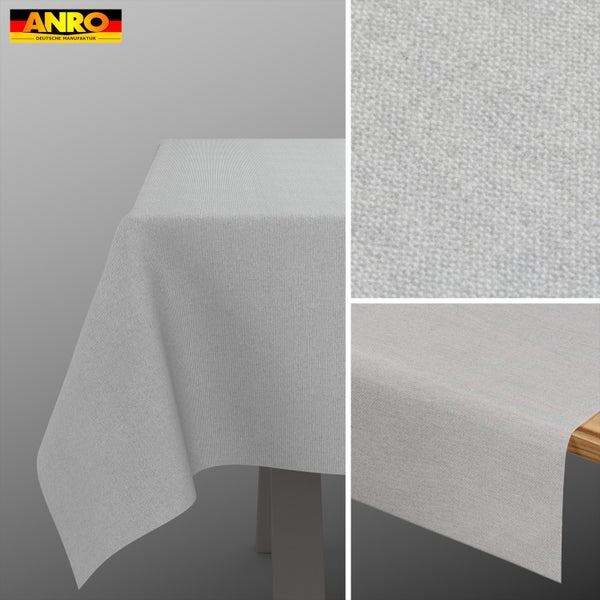 Hellgraue Tischdecke mit feiner Webstruktur von ANRO, ANRO Logo, Detailansicht der Oberfläche.