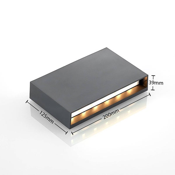 Rechteckige LED-Außenwandleuchte in Anthrazit, Maße 200 Millimeter Länge, 125 Millimeter Tiefe und 39 Millimeter Höhe.