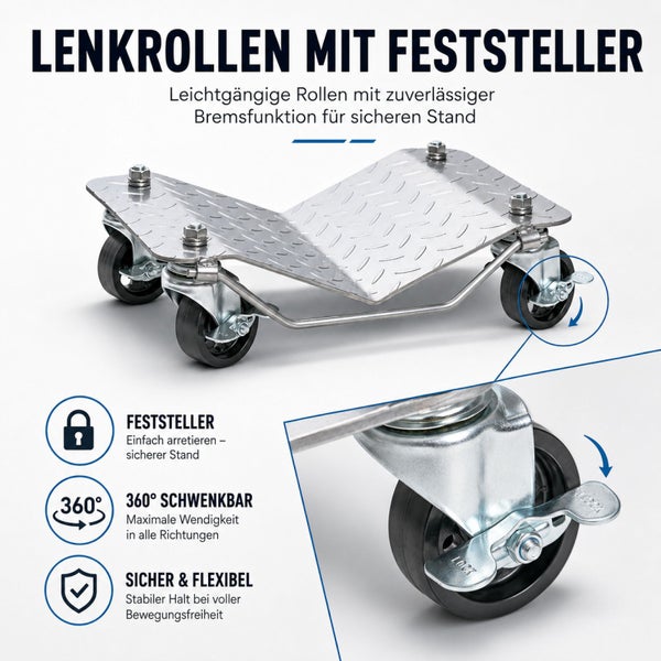 Transportroller aus Stahl mit vier schwenkbaren Lenkrollen inklusive Feststeller für sicheren Stand und hohe Mobilität.
