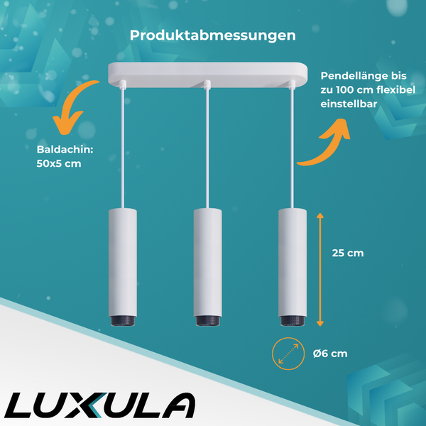 Produktabmessungen der Hängeleuchte mit drei Lampen: Baldachin 50x5 cm, Pendellänge bis 100 cm flexibel einstellbar, Lampenhöhe 25 cm, Durchmesser 6 cm