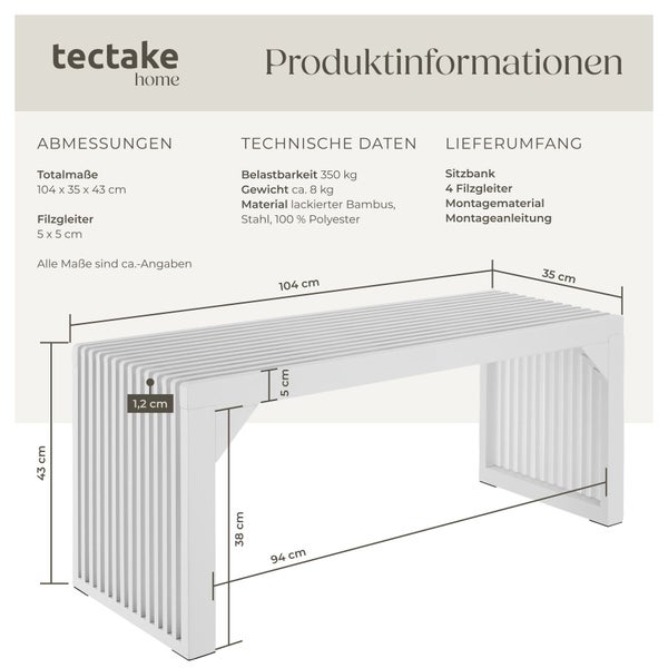 Technische Zeichnung einer Sitzbank aus lackiertem Bambus und Stahl mit Maßangaben von Tectake Home