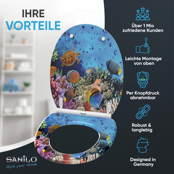 Sanilo WC-Sitz mit Korallenriff-Motiv, Meeresschildkröte und Fischen. Infografik zeigt Vorteile wie einfache Montage und Abnehmbarkeit. Sanilo Logo.