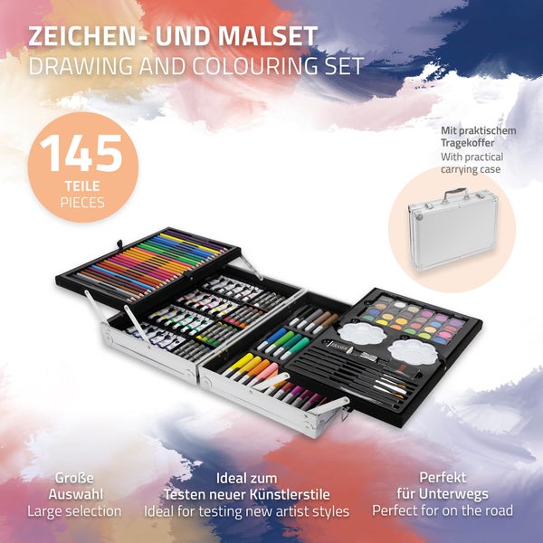 ECD Germany 145-Teiliges Malset mit Alu-Koffer, Zeichen- und Malkoffer für Kinder, Malkasten, Kunst- und Zeichenset, Buntstifte, Aquarellfarben, Pastellkreiden und viel Zubehör, Zeichnen Künstler Set