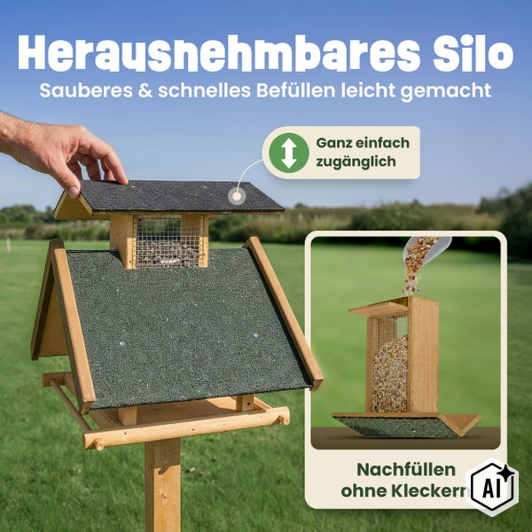 Vogelhaus mit herausnehmbarem Silo aus Holz für sauberes und einfaches Befüllen mit Vogelfutter.
