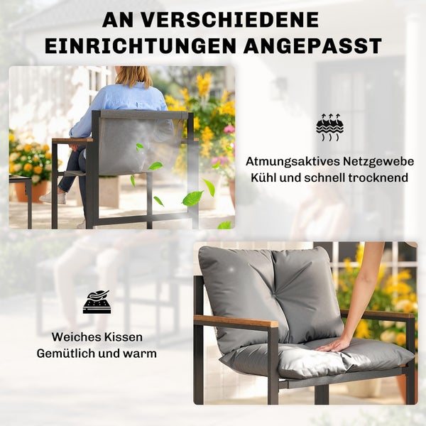 Gartenstuhl mit atmungsaktivem Netzgewebe, weichen grauen Sitzkissen und Armlehnen aus Holz.