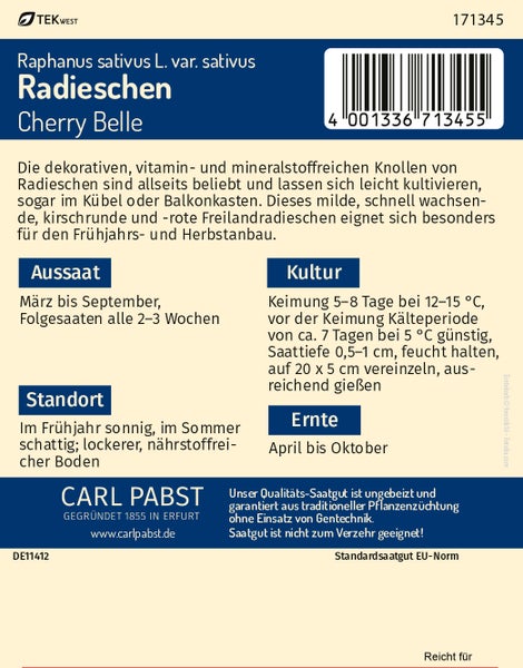 Rückseite der Samentüte für Radieschen Cherry Belle von Carl Pabst mit Informationen zu Aussaat, Kultur, Standort und Ernte.