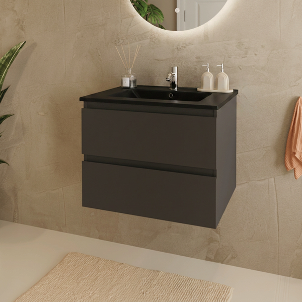 Wandhängender Waschtischunterschrank in Anthrazit mit zwei Schubladen und schwarzem Waschbecken in einem modernen Badezimmer.