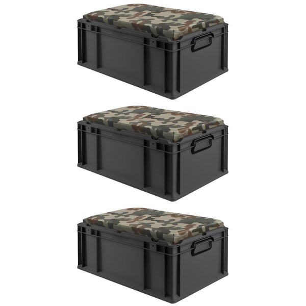 Drei graue Aufbewahrungsboxen mit camouflagefarbenen Deckeln.
