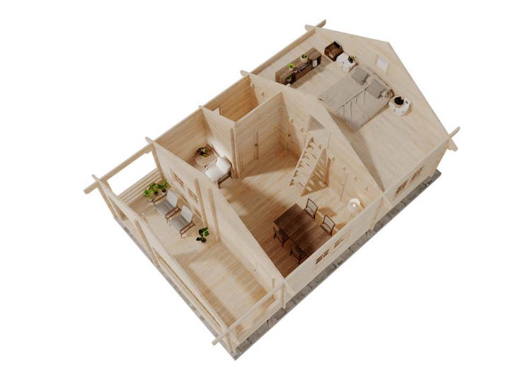 Helle 3D-Innenansicht eines zweistöckigen Blockhauses aus Holz mit Wohnbereich, Essplatz, Terrasse und Schlafboden mit Treppe.