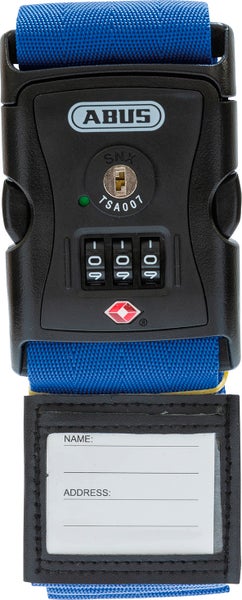 Blauer ABUS Koffergurt mit ABUS Logo, dreistelligem TSA-Zahlenschloss und Adressschild.