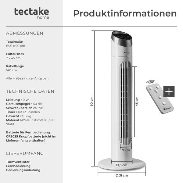 Produktinformationen zum tectake Turmventilator mit Fernbedienung. Maße: Höhe 90 Zentimeter, Durchmesser 31 Zentimeter. Leistung 40 Watt.