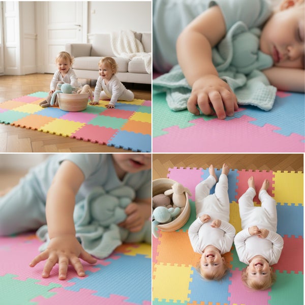 Farbenfrohe Kinder-Puzzlematte aus Schaumstoff mit ineinandergreifenden Teilen, auf der zwei Kleinkinder in einem hellen Zimmer spielen.