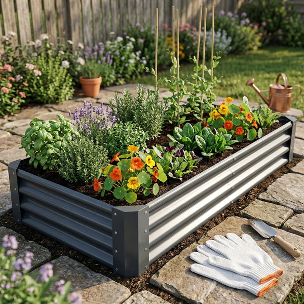 Rechteckiges Hochbeet aus grauem Wellblech in einem Garten, bepflanzt mit Kräutern, Blumen und Gemüse.