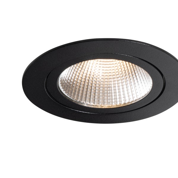 Runder Einbaustrahler in Schwarz mit strukturierter Linse.