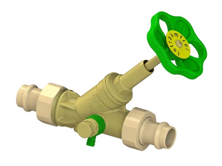Schrägsitzventil DN 20 mit Pressanschlüssen und grünem Handrad, totraumfrei.