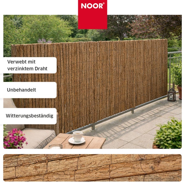 Noor Sichtschutzmatte aus Baumrinde verwebt mit verzinktem Draht für den Außenbereich auf einem Balkon