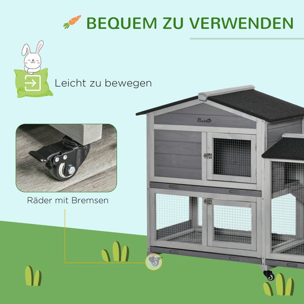 PawHut Kleintierstall mit Rollen Zwergkaninchenstall Freilaufgehege Asphaltdach Kleintierhaus Zwergkaninchenauslauf Doppelstöckiger Tannenholz Stahl Grau 157,4 x 53 x 99,5 cm