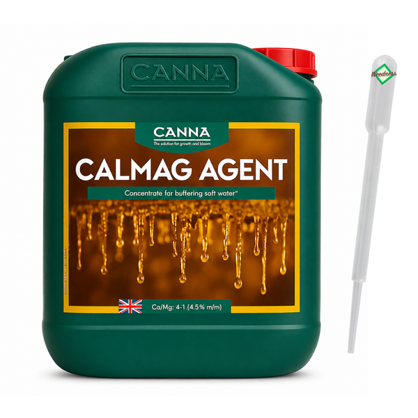 Canna Calmag Agent Düngerkonzentrat zur Aufbereitung von weichem Wasser in einem Kanister mit beiliegender Pipette.