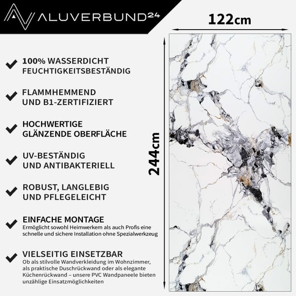 Aluverbund24 Logo. Wandpaneel mit Marmoroptik, 122 x 244 cm, wasserdicht, feuchtigkeitsbeständig, flammhemmend, B1-zertifiziert, glänzende Oberfläche, UV-beständig, antibakteriell, robust, langlebig, pflegeleicht, einfache Montage, vielseitig einsetzbar.