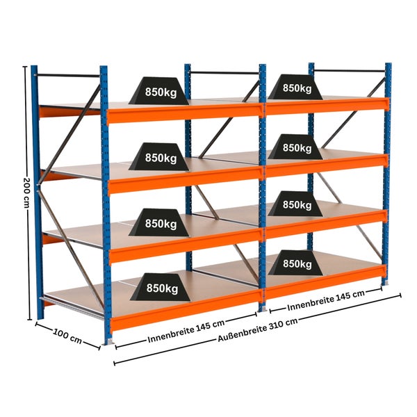 Abbildung eines Schwerlastregals mit den Maßen 200 x 310 x 100 cm und einer Traglast von 850 kg pro Regalboden