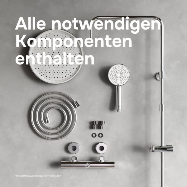 Duschsystem Set inklusive Kopfbrause, Handbrause, Brauseschlauch und Thermostatarmatur mit allen notwendigen Montageteilen in einer Ansicht.