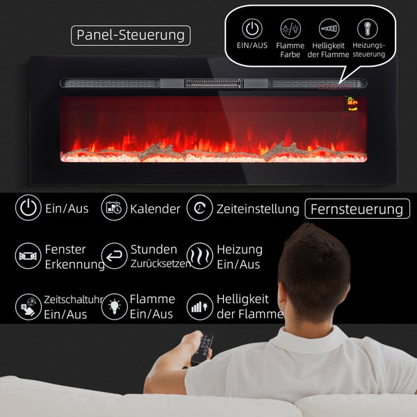 Elektrischer Wandkamin mit Mann im Sessel zur Entspannung