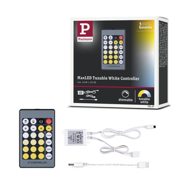 Paulmann MaxLED Tunable White Controller mit Fernbedienung, Controller Box und Anschlusskabeln.