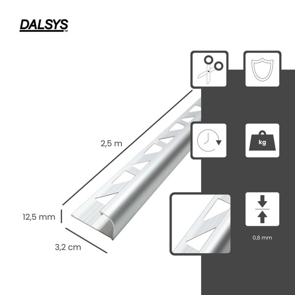 DALSYS Logo und Fliesenprofil mit Maßen von 2,5 Meter Länge, 12,5 Millimeter Höhe, 3,2 Zentimeter Breite und 0,8 Millimeter Materialstärke sowie Symbolen für einfaches Kürzen, Robustheit, Zeitersparnis und Belastbarkeit.