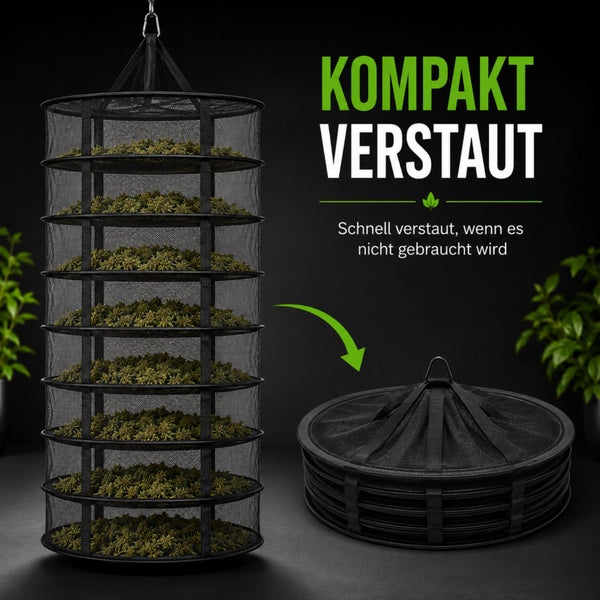 Hängendes Pflanzentrockennetz mit acht Etagen, abgebildet im entfalteten und platzsparend zusammengefalteten Zustand.