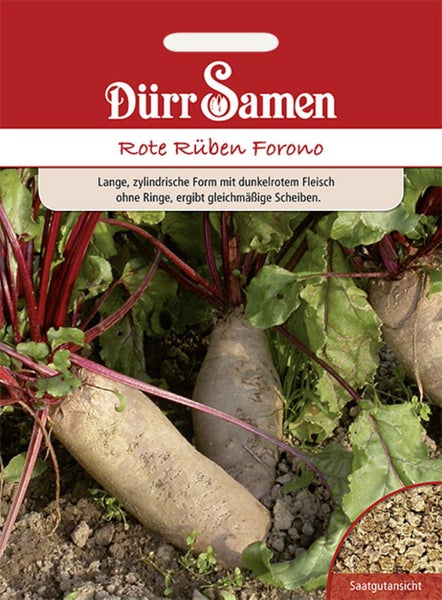 Dürr Samen Logo. Samen für Rote Rüben Forono mit Abbildung von zylindrischen Rüben in der Erde und Detailansicht der Samen.