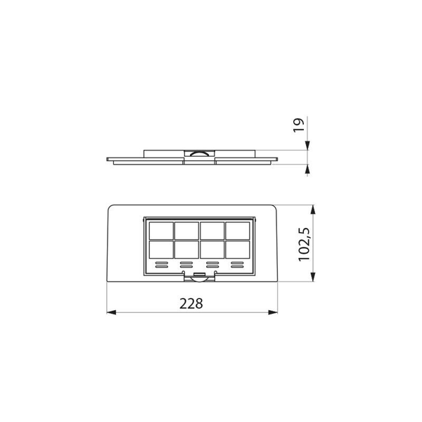 Maßzeichnung einer rechteckigen Abdeckung mit den Maßen 228 mal 102,5 Millimeter und einer Höhe von 19 Millimeter.