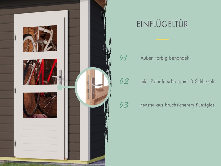 Einflügeltür für Gartenhaus mit drei Fenstern aus bruchsicherem Kunstglas und Zylinderschloss mit drei Schlüsseln.