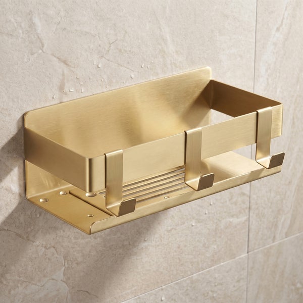 Duschablage aus gebürstetem goldfarbenem Metall mit drei Haken zur Wandmontage.