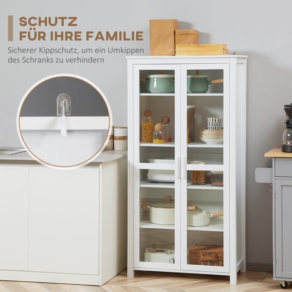HOMCOM Küchenschrank Hochschrank Küchenbuffet mit 2 Glastüren Esszimmerschrank Vitrinenschrank mit 2 verstellbaren Innenböden Kippschutz Spanplatte Weiß 80 x 39,5 x 160 cm