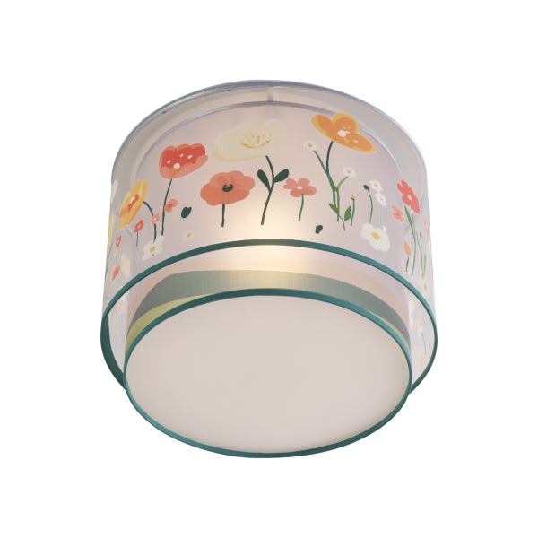 Runde Deckenleuchte mit doppeltem Stoffschirm und buntem Blumenmuster