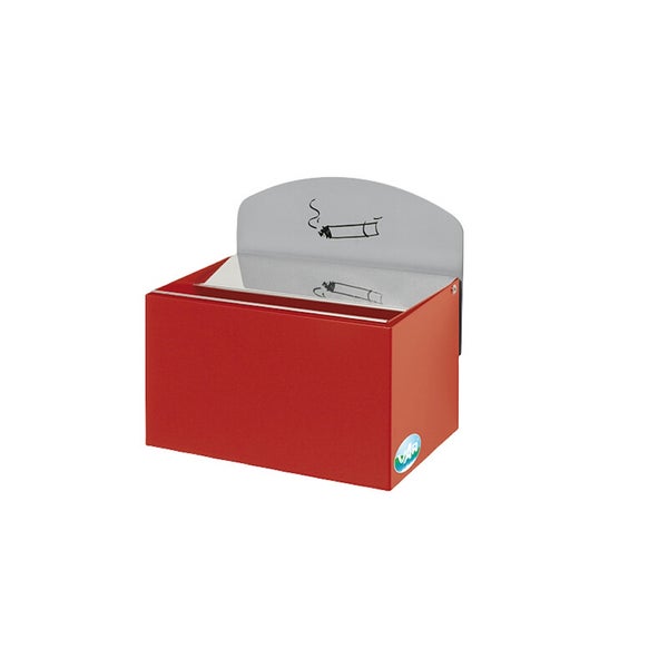 Roter Wandaschenbecher aus Metall mit Klappdeckel und Zigarettensymbol.