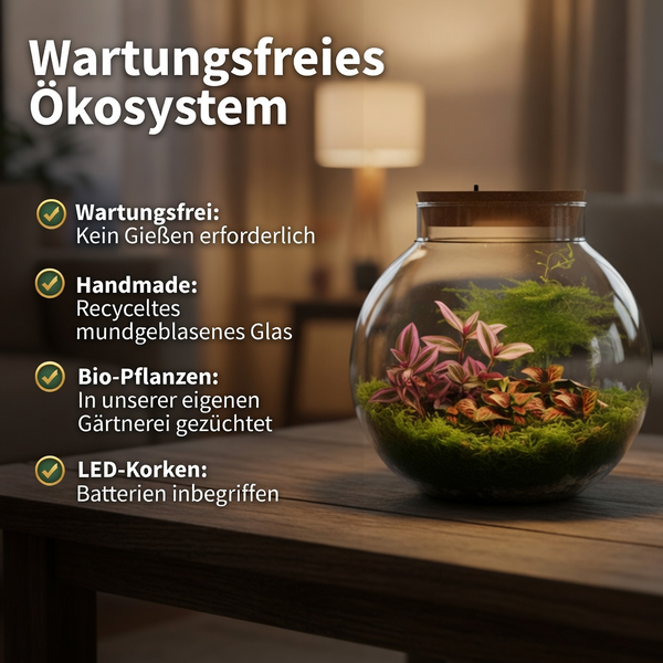 Wartungsfreies Ökosystem im mundgeblasenen, recycelten Glas mit beleuchtetem Korkdeckel und biologischen Pflanzen auf einem Holztisch.