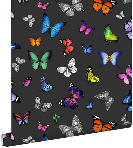 ESTAhome Tapete Schmetterlinge Multicolor auf Schwarz - 53 cm x 10,05 m - 138508