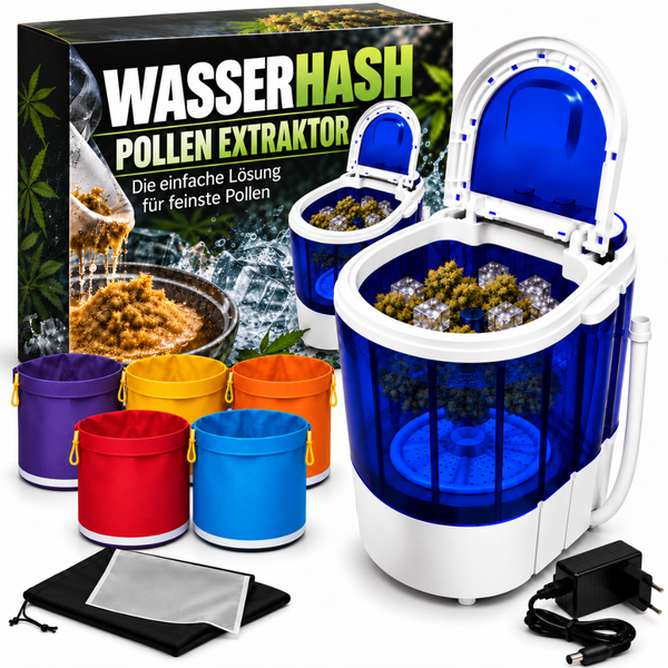 WasserHash Pollenextraktor Set mit elektrischem Rührwerk, Filterbeuteln und Zubehör zur Pollengewinnung aus Pflanzenmaterial.