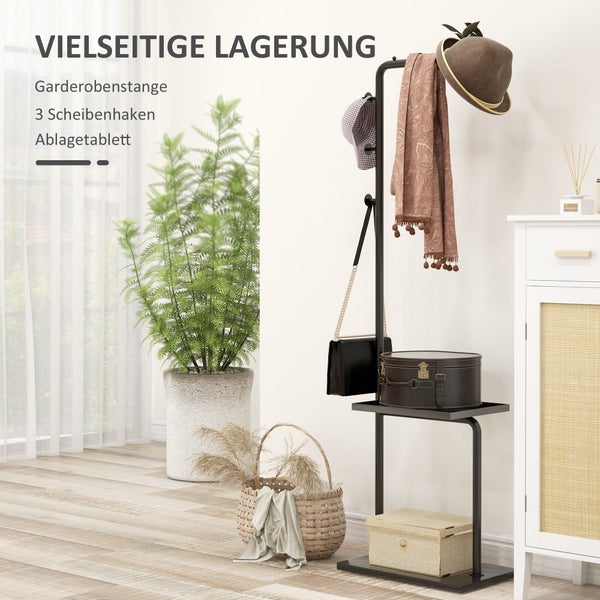 HOMCOM Garderobenständer, Kleiderständer mit Haken Tablett Garderobe für Kleidung, Hüte, für Flur, Eingang, 45 x 28 x 148 cm, Schwarz