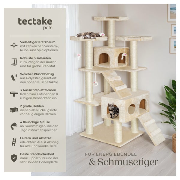 Kratzbaum tectake Knuti inklusive 2 Treppen, 4 Spielmäusen und Kippschutz 186 cm beige