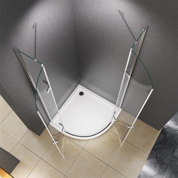 Eckdusche mit Eckeinstieg, bestehend aus Duschwanne und Duschtüren aus Glas