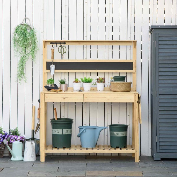 Outsunny Gärtnertisch Pflanztisch mit 8 Haken Ablage Schublade Blumentisch aus Holz für Terrasse Garten 151 x 45,5 x 143 cm Natur
