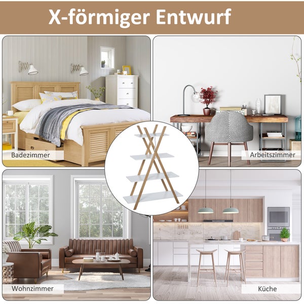 kleankin Badregal Standregal 4 Ebenen Treppenregal Leiterregal Badezimmer Bambus Natur+Weiß 80 x 33 x 109 cm
