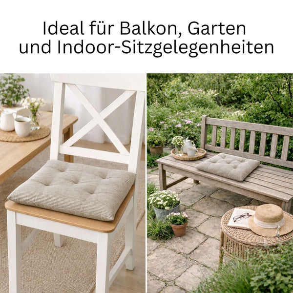 Gestreiftes Sitzkissen für drinnen und draußen, abgebildet auf einem Holzstuhl und einer Gartenbank.