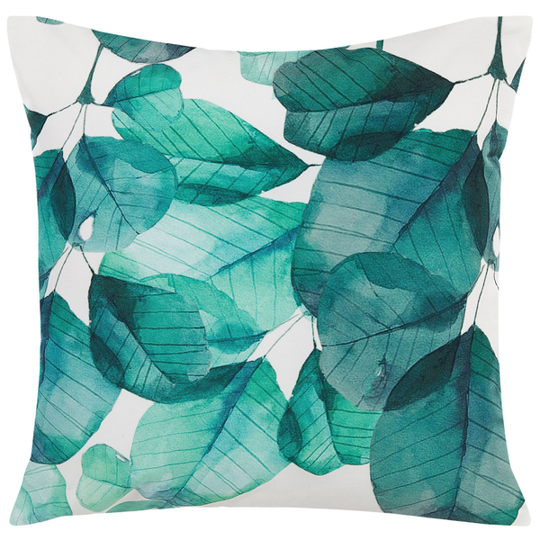 Quadratisches Dekokissen aus Textil mit grünem Blättermotiv.